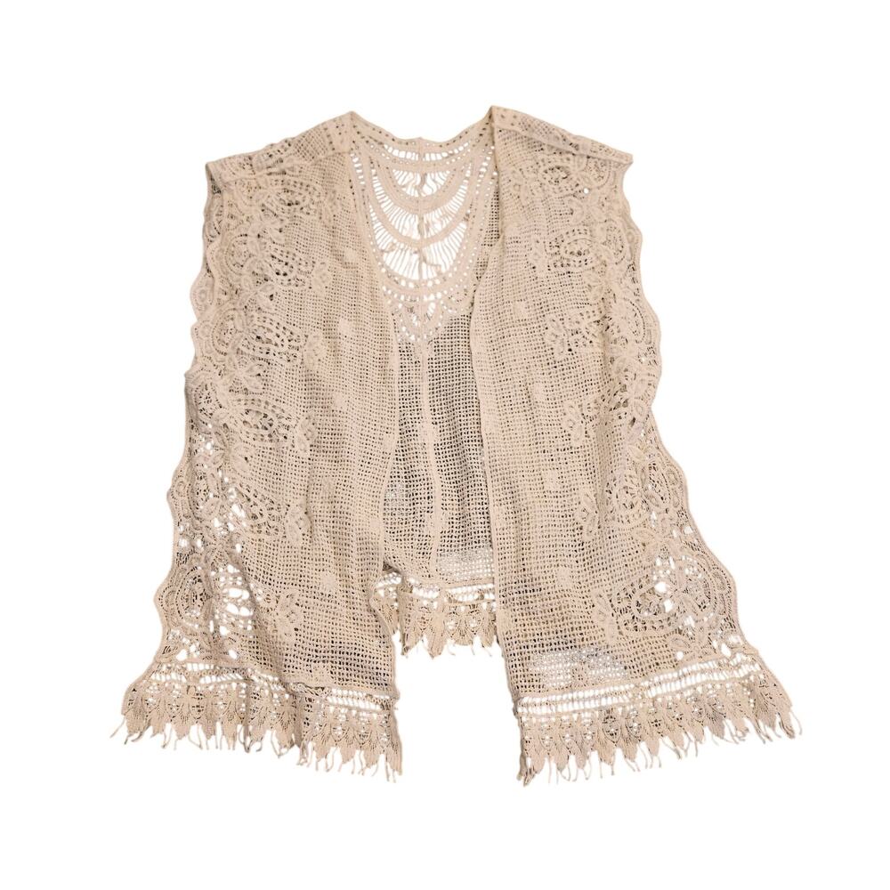 TaRoo Crochet Lace Fringe Boho Vest Cream Open Front Cotton Medium Est